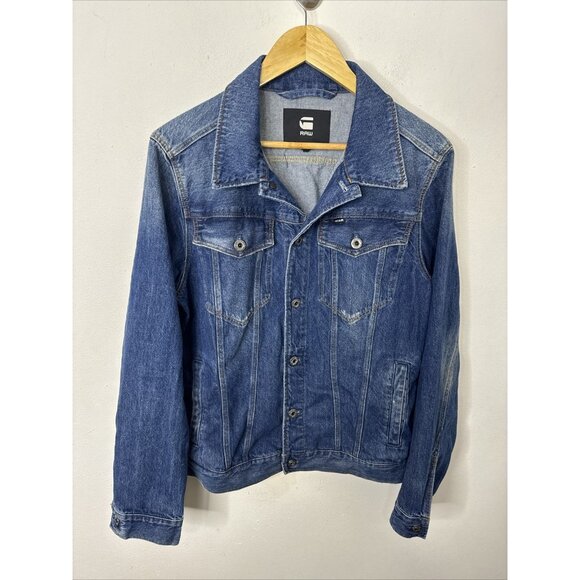 G star Jacket Mens M blue denim button Biker Light Distress Jean 3301 Slim - Picture 1 of 10